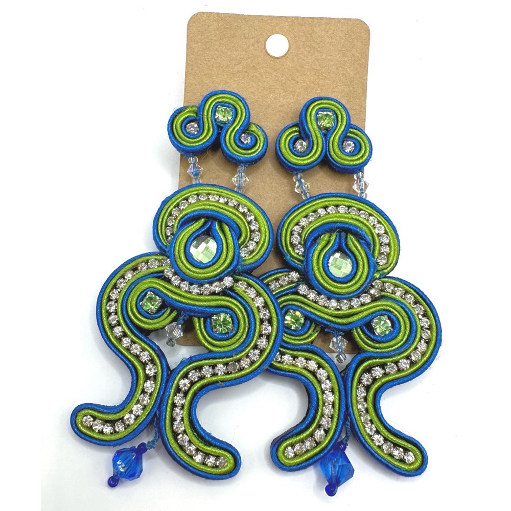 Soutache Green & Blue Rhinestone Earrings